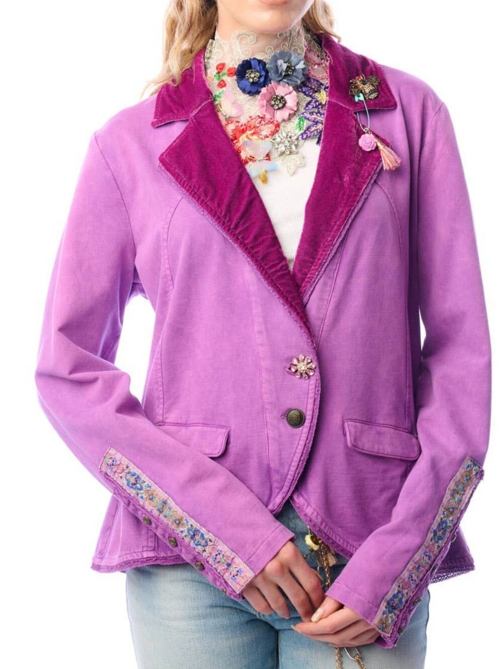 Purple Velvet-Trim Women's Blazer Jacket